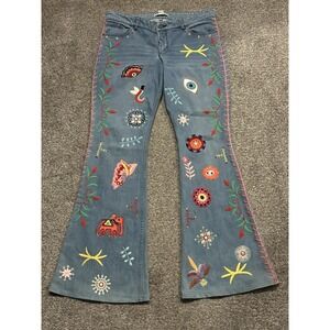 Alice+Olivia Ryley Flare Jeans Low Rise Embroidered Floral Demin Blue Size 31